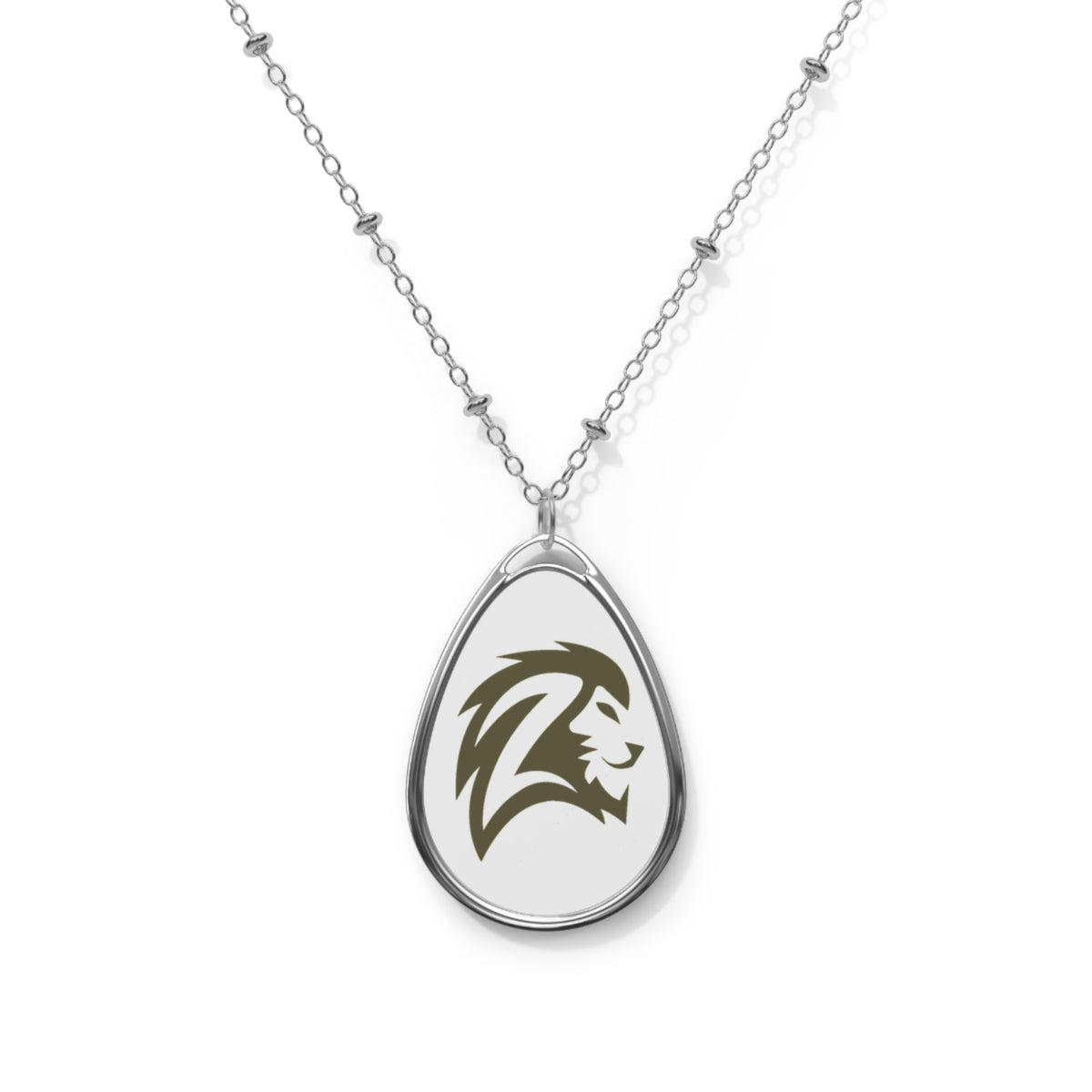 Oval Pendant Necklace with Lion Crest — Engraved Teardrop Charm Jewelry - Lion Head