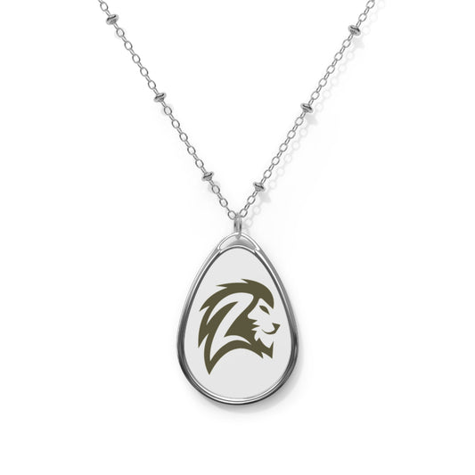 Oval Pendant Necklace with Lion Crest — Engraved Teardrop Charm Jewelry - Lion Head