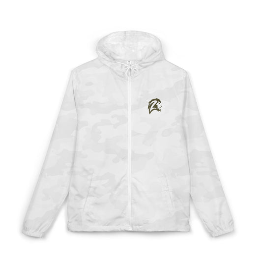 White Camo Windbreaker Jacket with Small Dolphin Patch - Lion Head