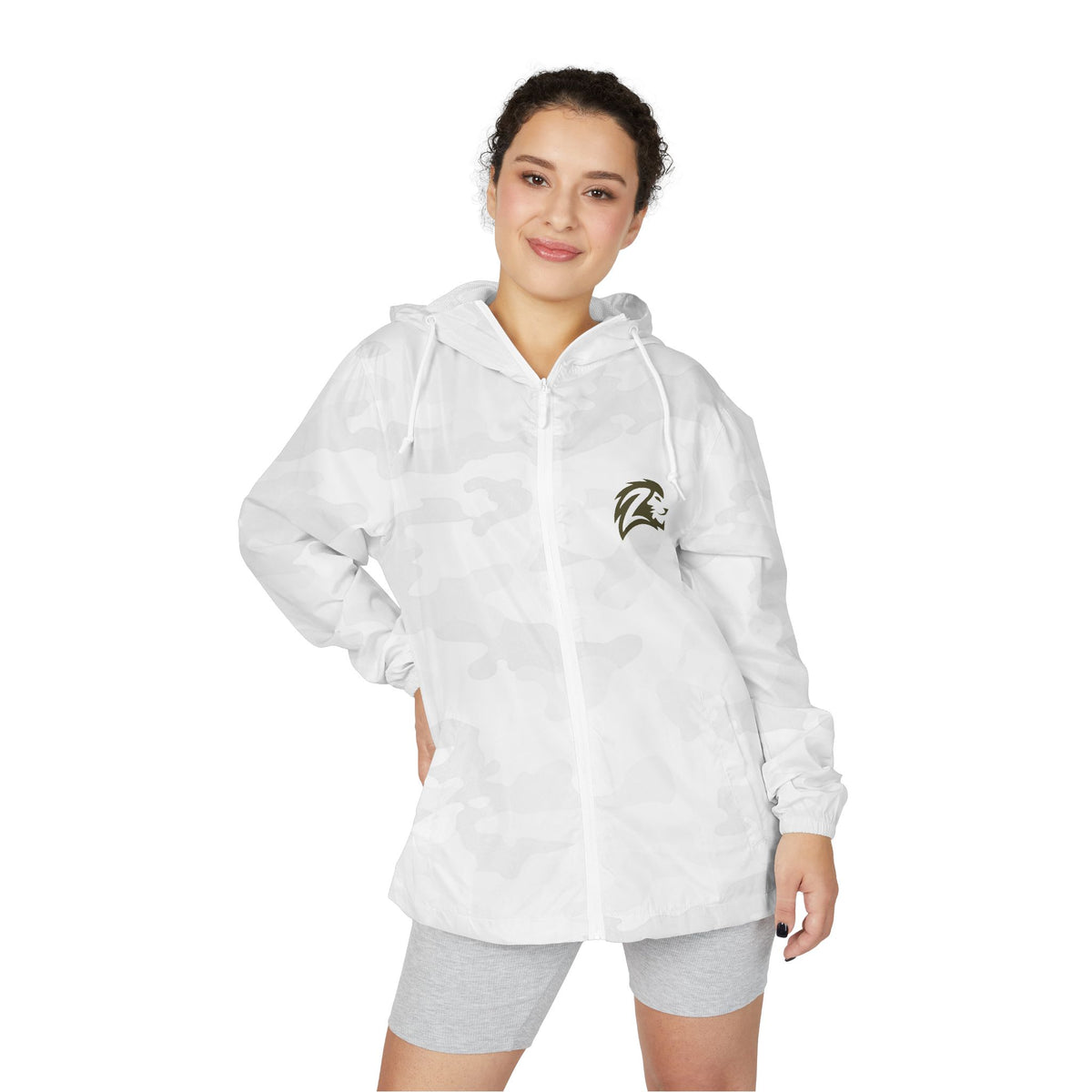 White Camo Windbreaker Jacket with Small Dolphin Patch - Lion Head