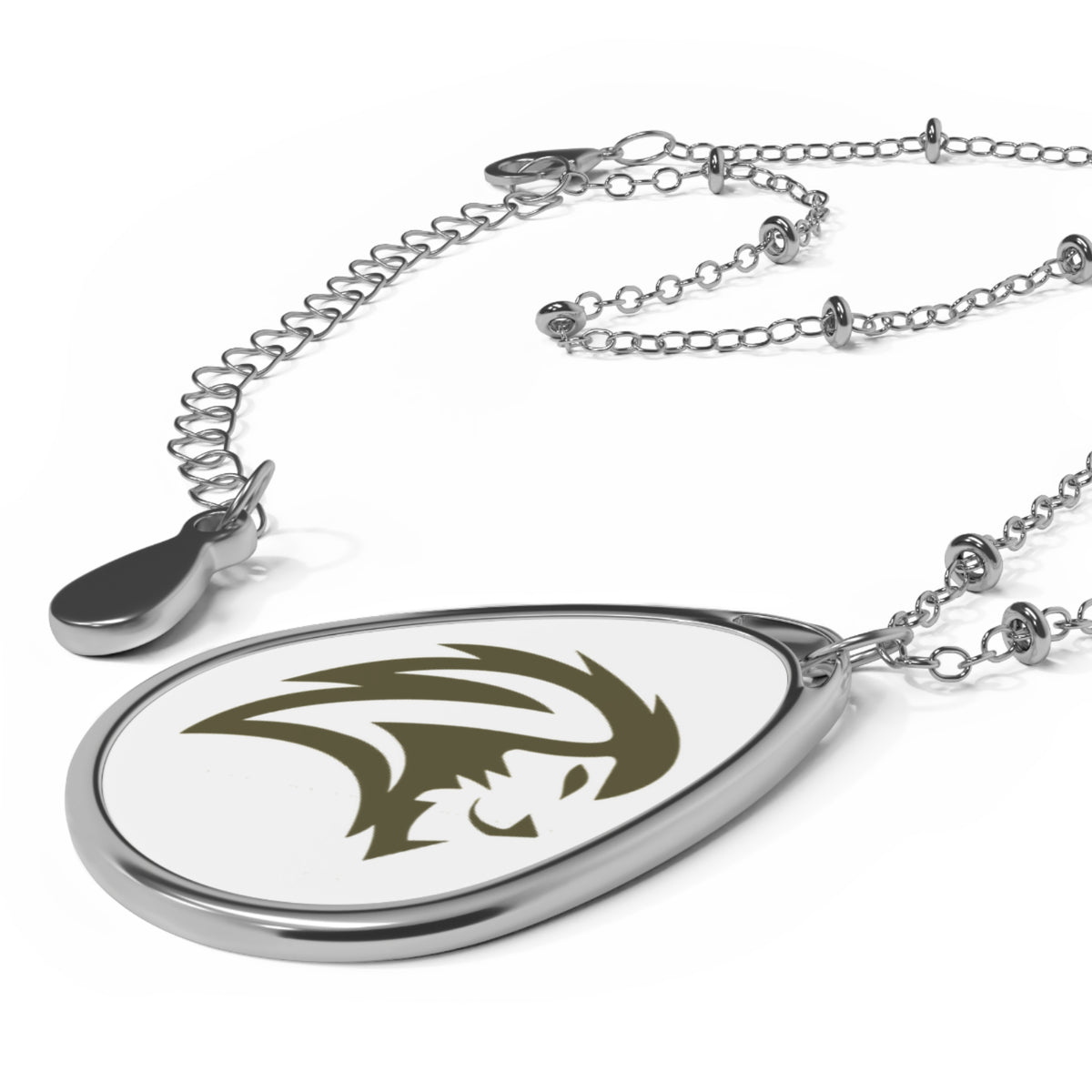 Oval Pendant Necklace with Lion Crest — Engraved Teardrop Charm Jewelry - Lion Head